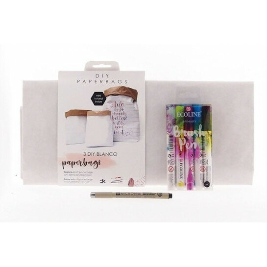 (No. 82200) Set paperbags blanco + fineliner & brushpennen