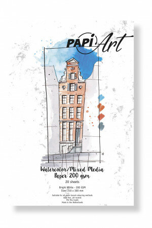 (Art.no. 363030) PapiArt 210x300 mm 200Gr. Aquarel/Mixed Media Bright White 20 Blatt