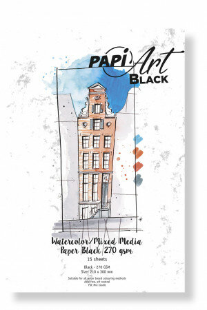 (Art.no. 363330) PapiArt 210x300 mm 270Gr. Black Aquarel/Mixed Media Black 63-90 15 Blatt